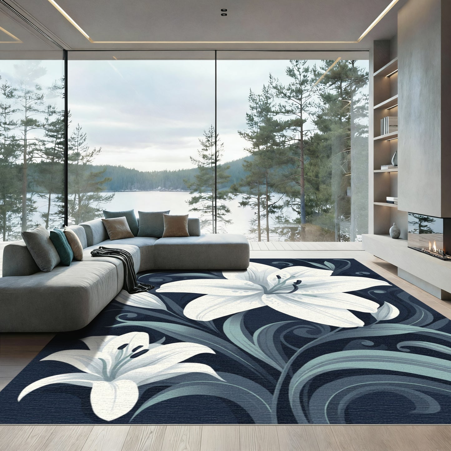White Lily Dark Floral Swirl Rug
