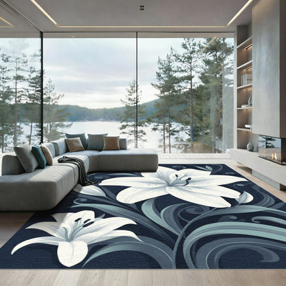 White Lily Dark Floral Swirl Rug