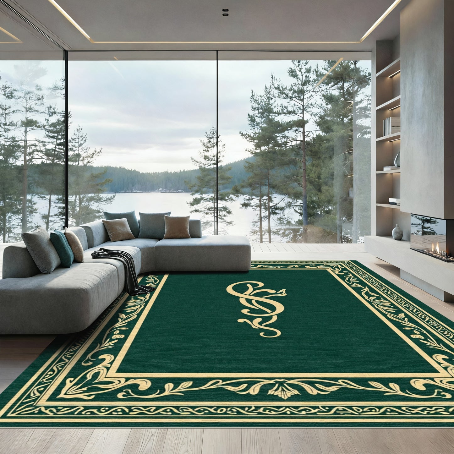 Ornate Emerald Golden Floral Frame Rug