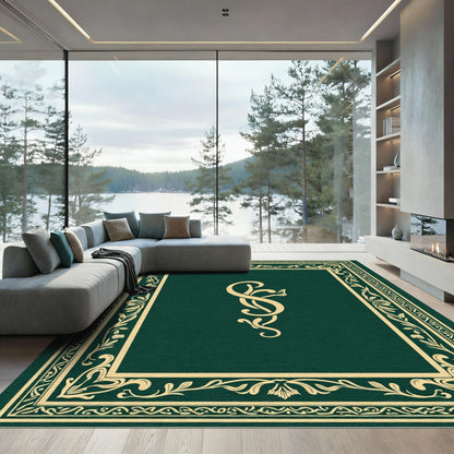 Ornate Emerald Golden Floral Frame Rug