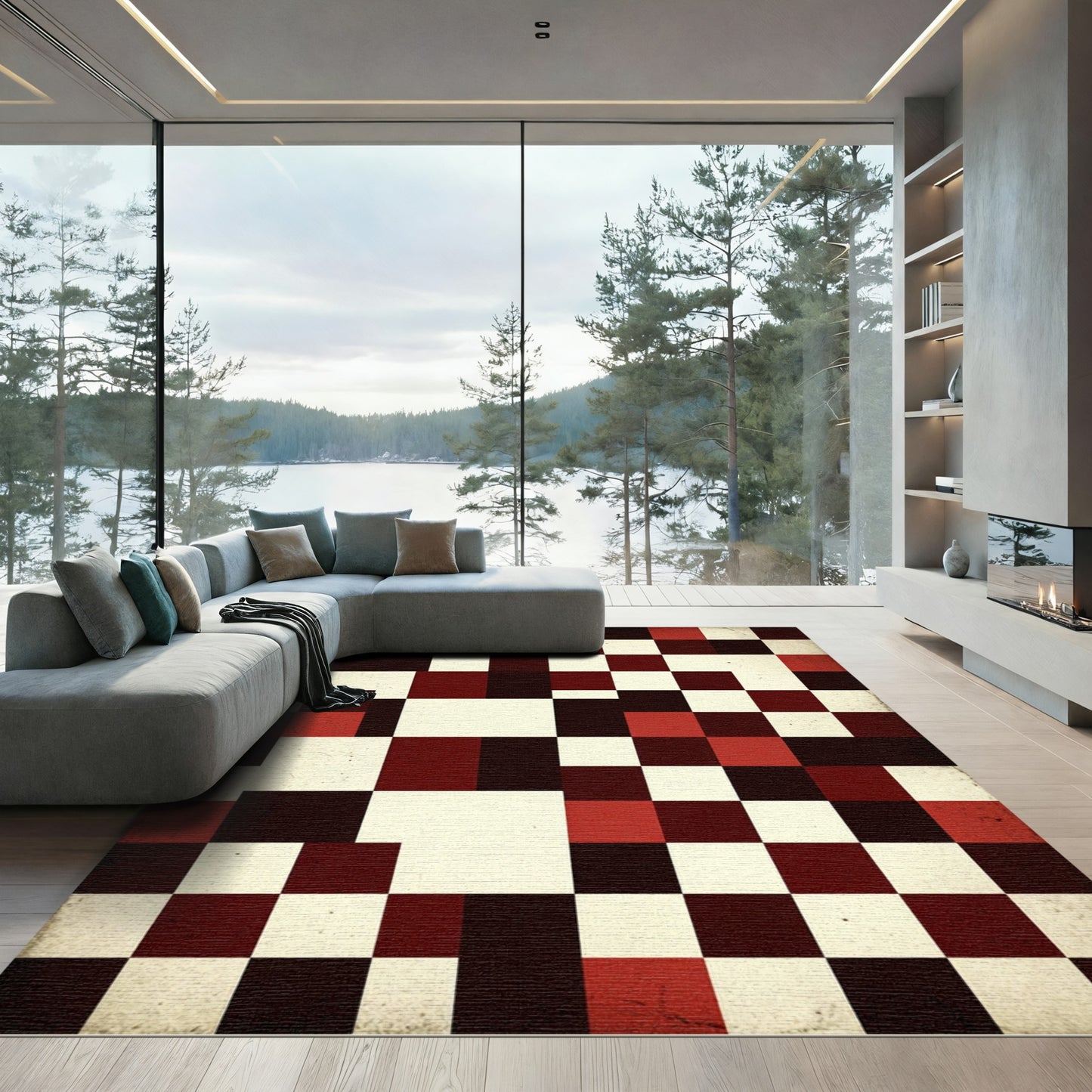 Distressed Red And Cream Geometric Grid Rug