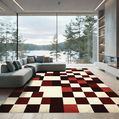 Distressed Red And Cream Geometric Grid Rug