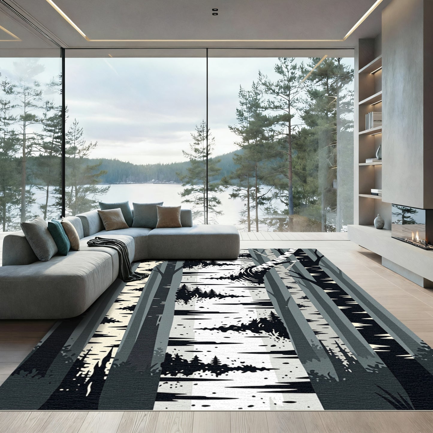 Minimalist Monochrome Birch Forest Landscape Rug