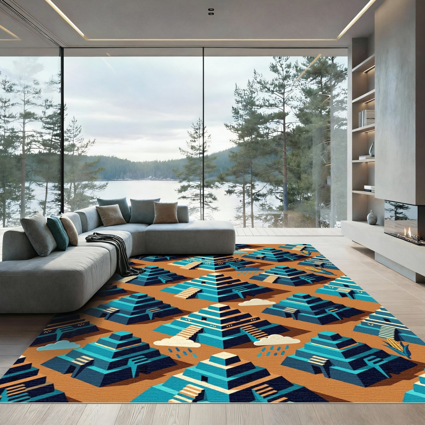 Geometric Step Pyramid Corn Teal Rug