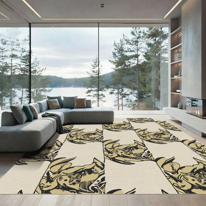 Cream Black Golden Floral Scroll Rug