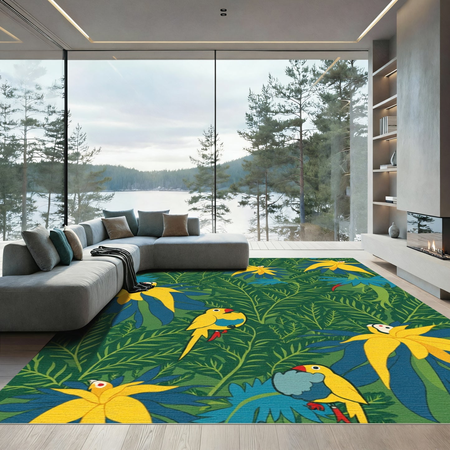 Vibrant Yellow Parrot Jungle Leaves Rug