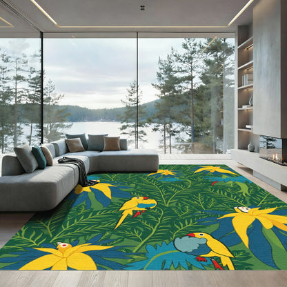 Vibrant Yellow Parrot Jungle Leaves Rug