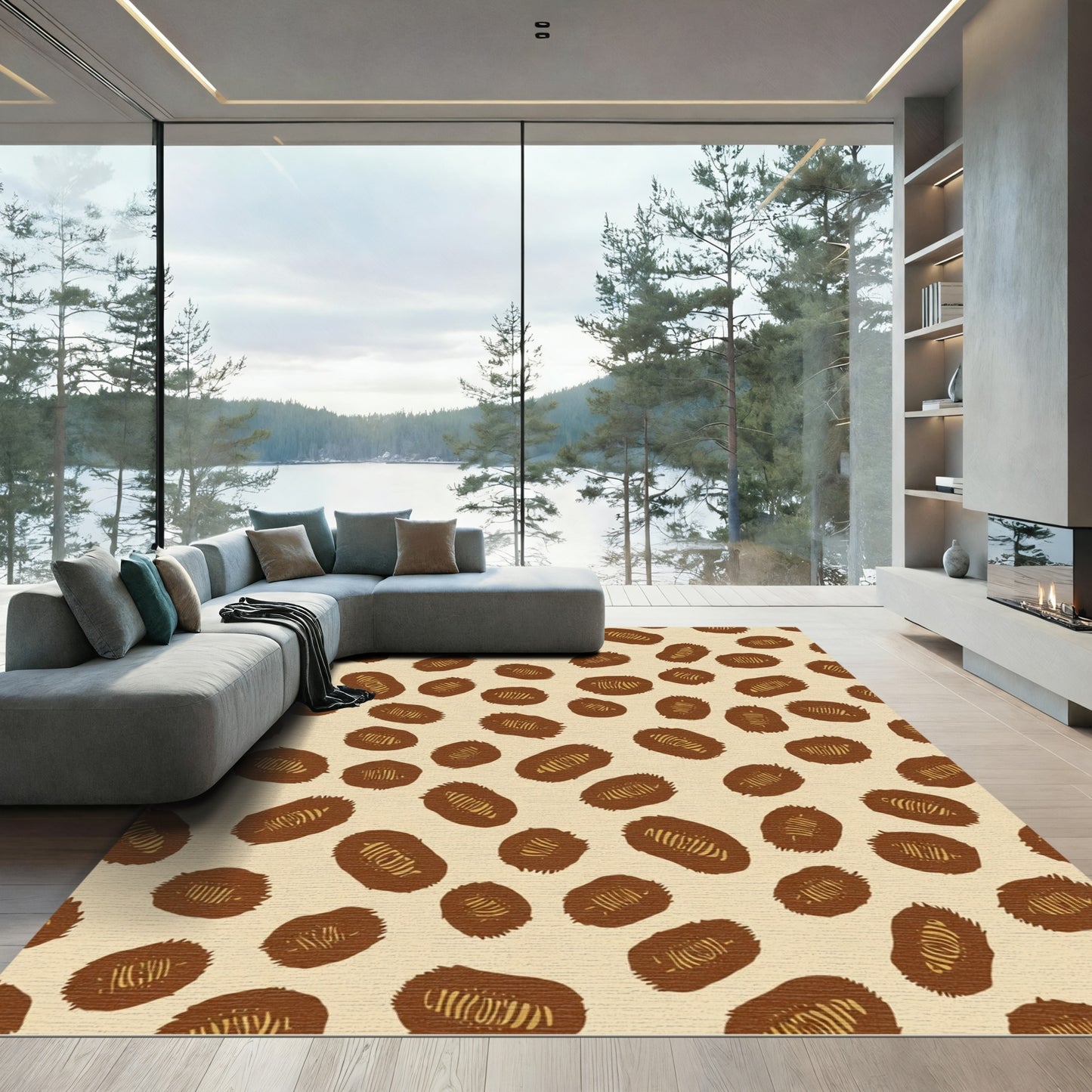 Brown Ochre Abstract Faux Fur Rug