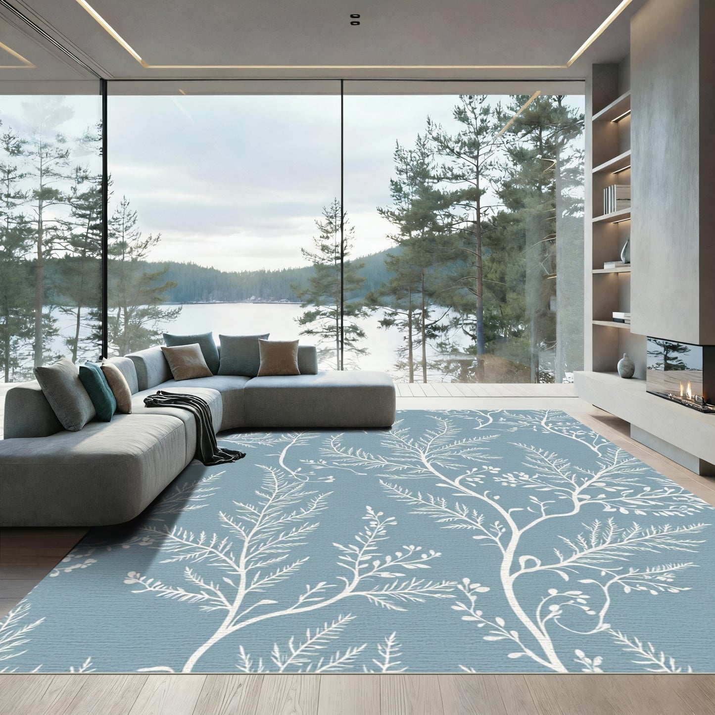 White Ferns on Blue Background Rug