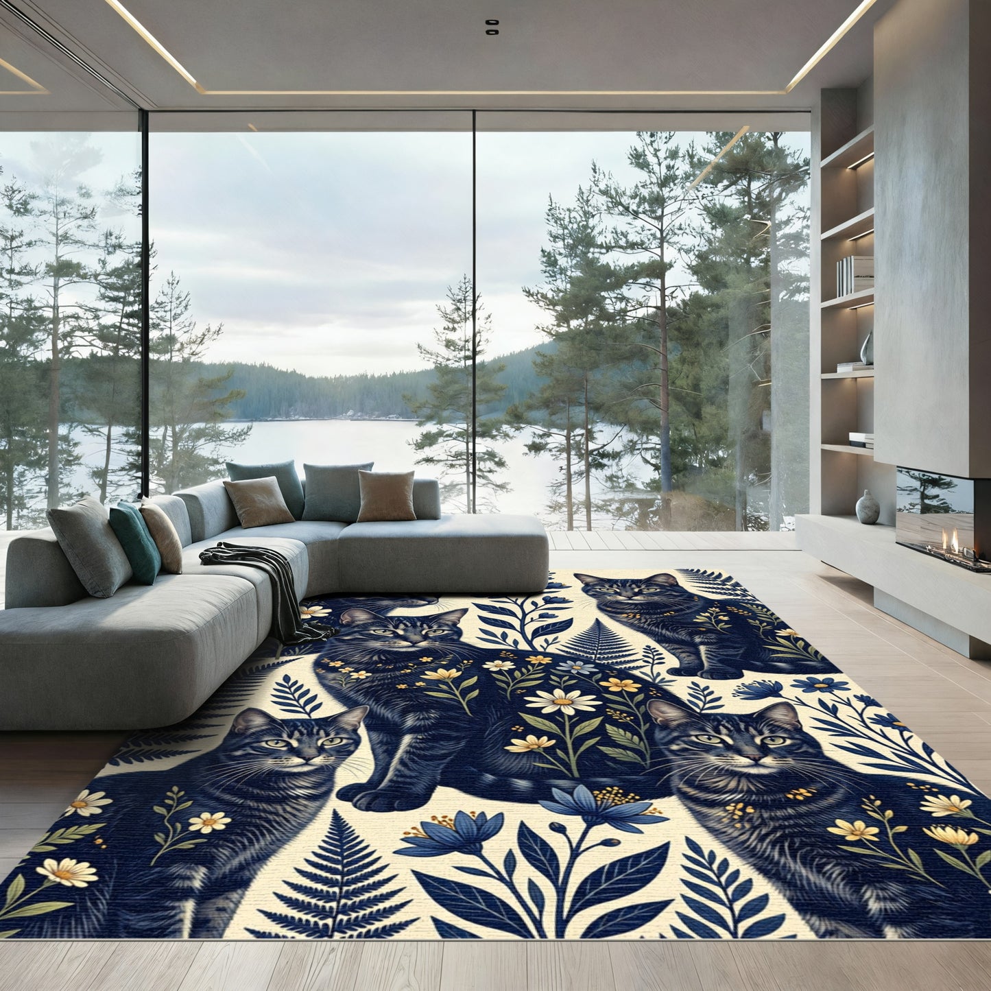 Mystical Navy Cat and Botanical Garden Rug