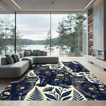Mystical Navy Cat and Botanical Garden Rug