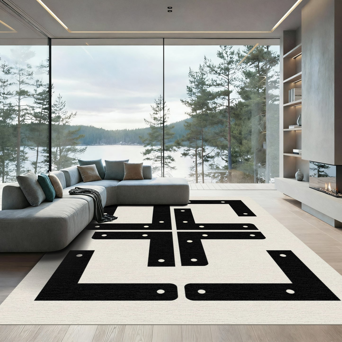 Bold Black Geometric Abstract Composition Rug