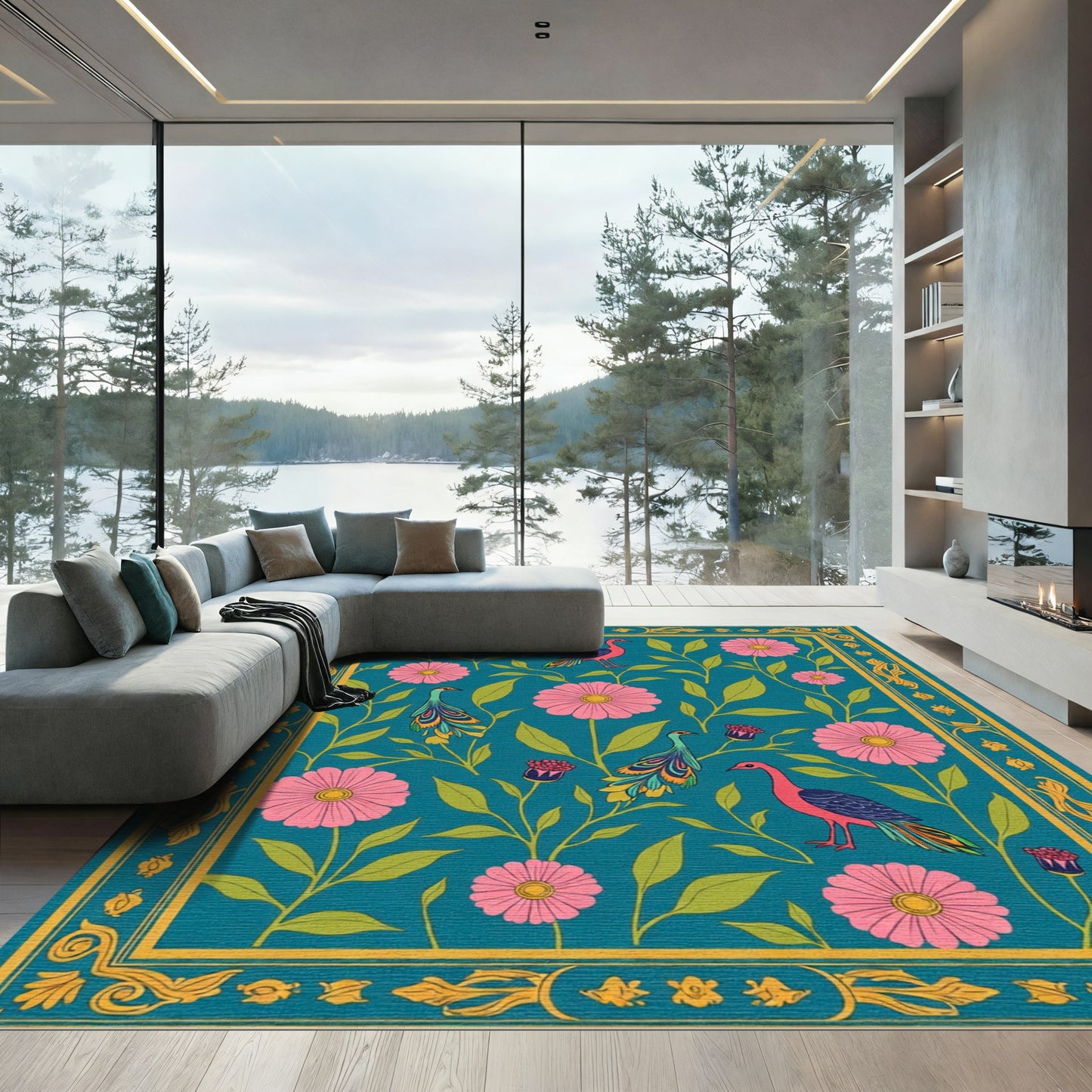 Teal Pink Floral Peacock Garden Rug