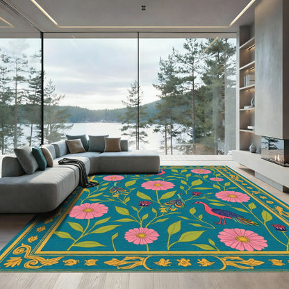 Teal Pink Floral Peacock Garden Rug