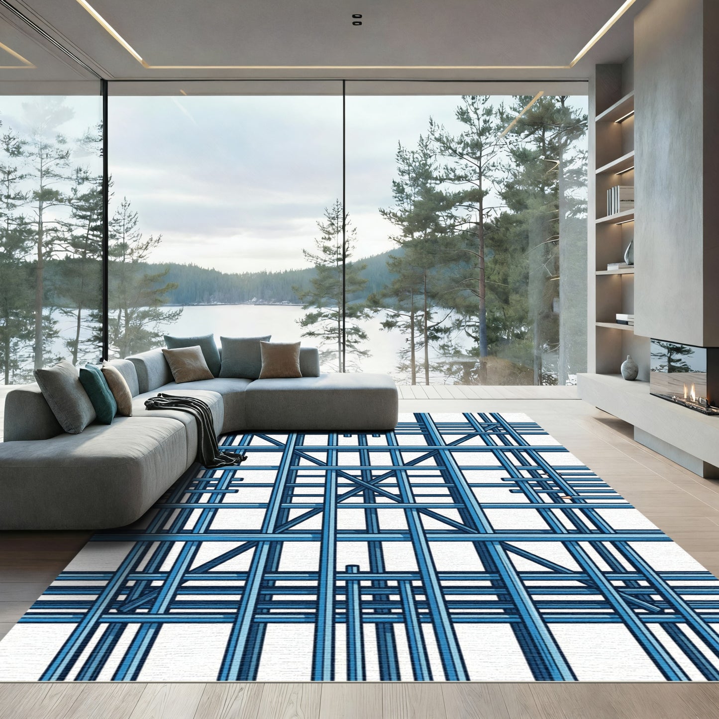 Bright Blue Geometric Industrial Lattice Rug