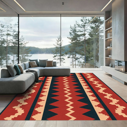Deep Red Chevron Geometric Stripe Rug