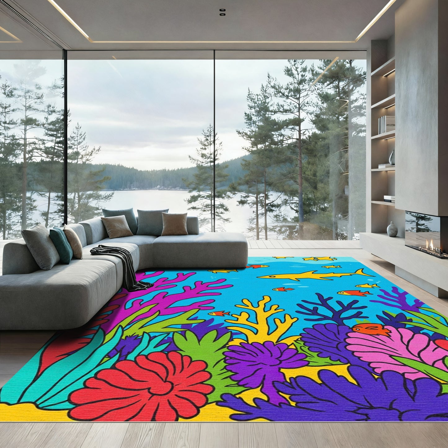 Ocean Life Colorful Coral Reef Scene Rug