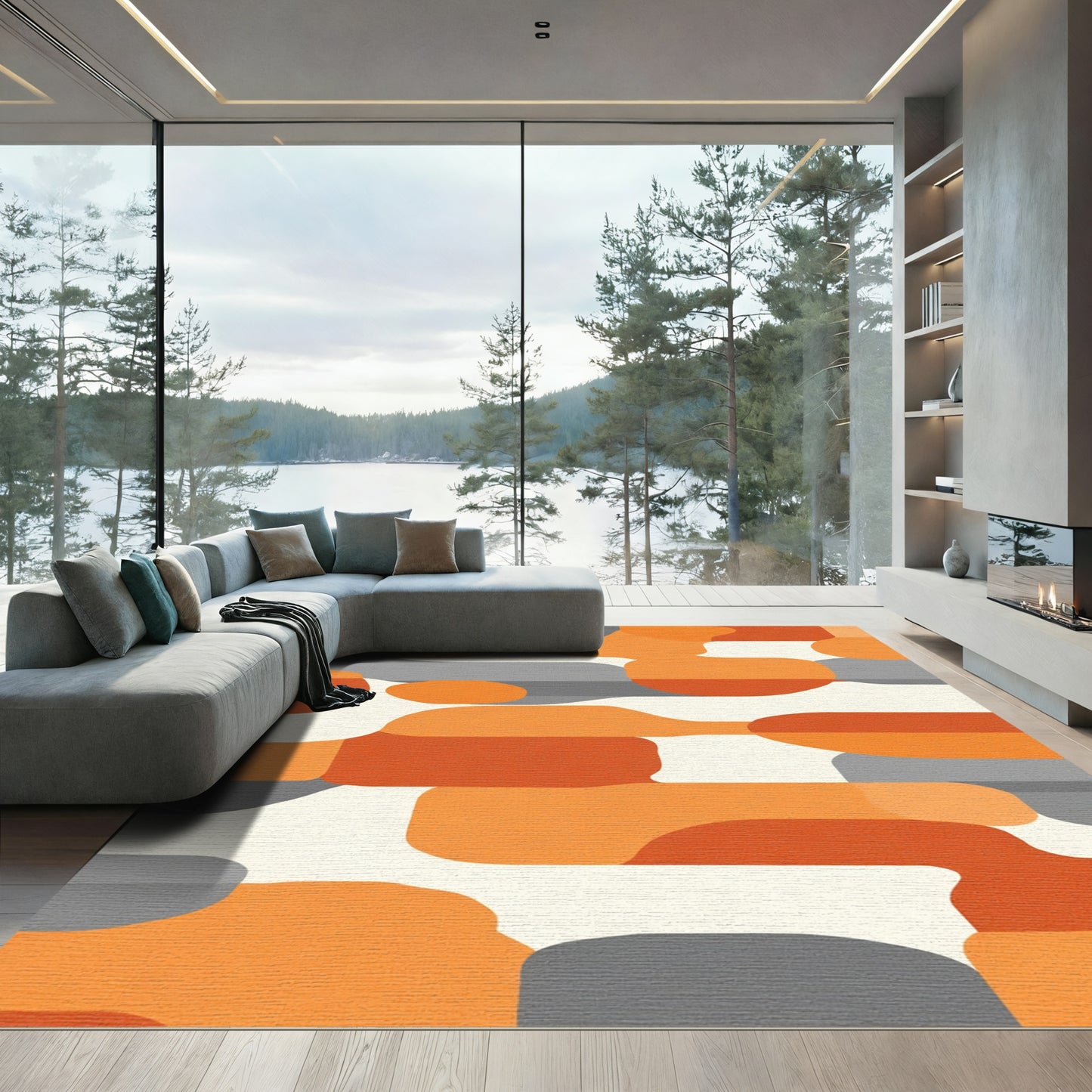 Orange Gray White Abstract Organic Shapes Rug