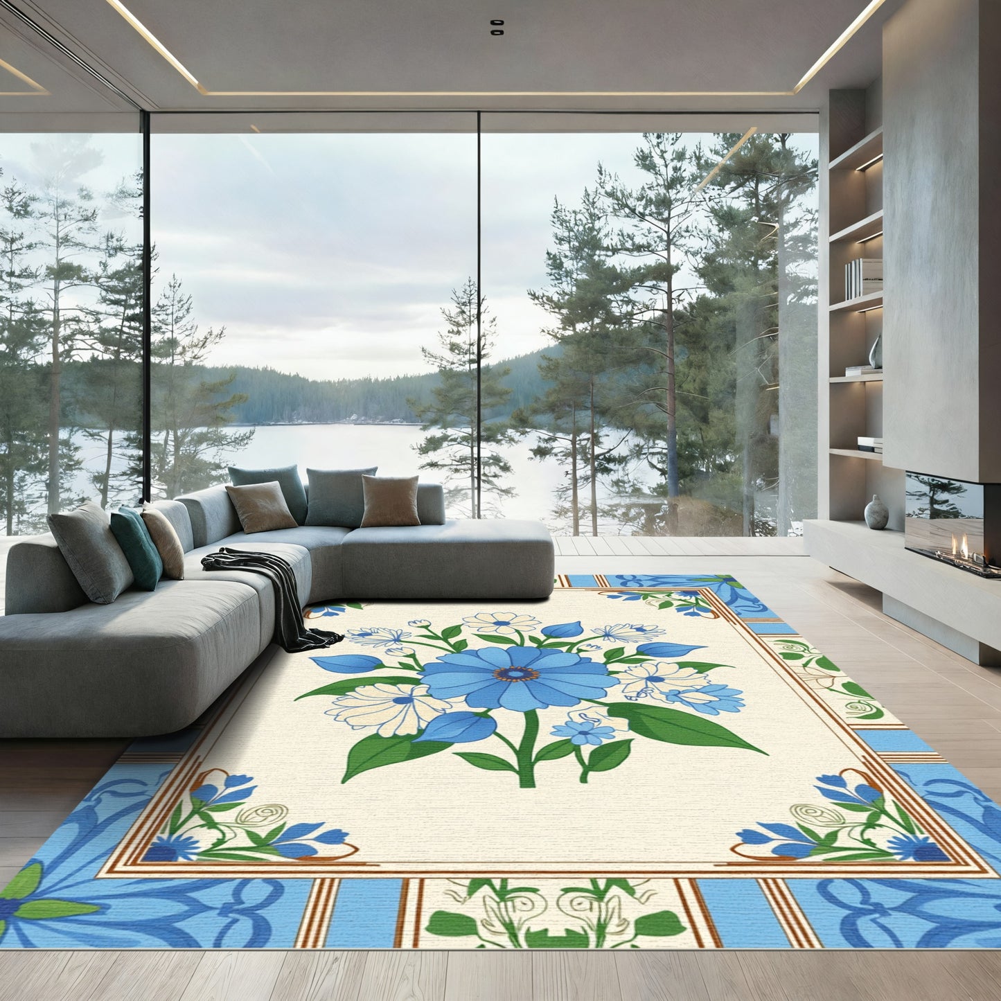 Classic Blue White Floral Bouquet Rug