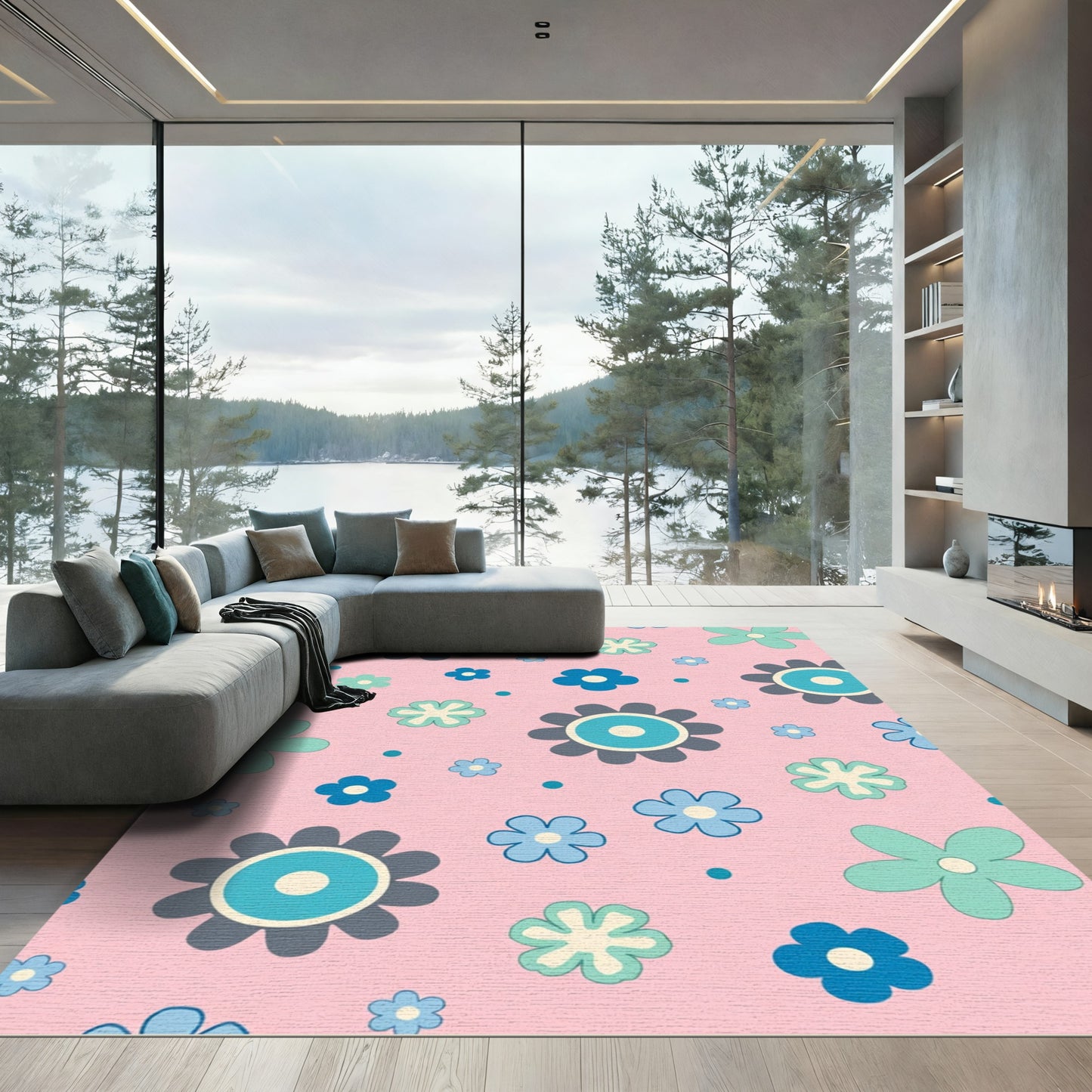 Pink Retro Floral Compositions Rug