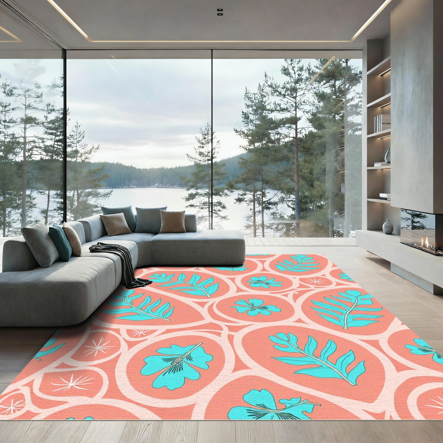 Coral Turquoise Floral Foliage Mid Century Rug