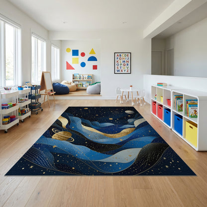 Starry Navy Waves Gold Planets Rug