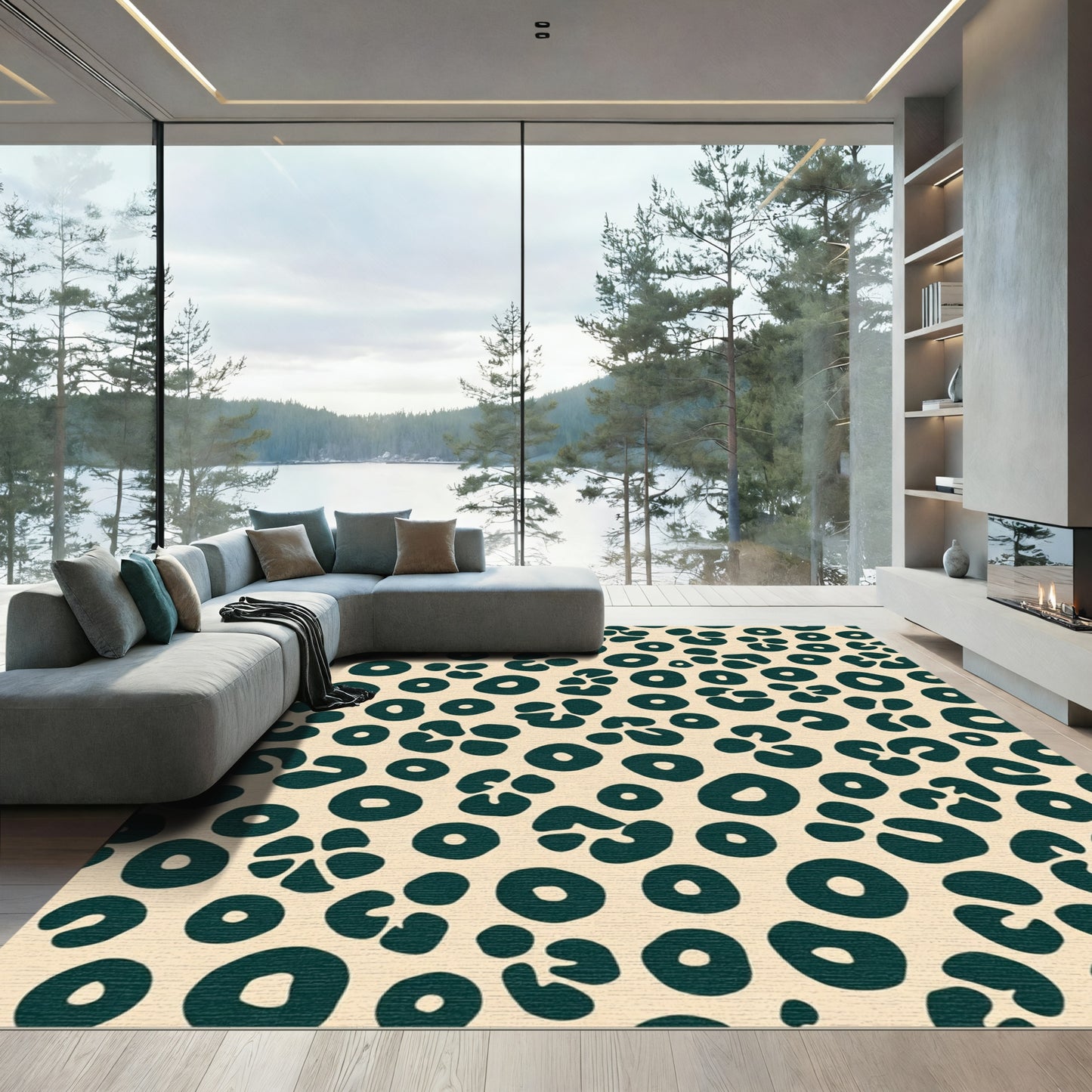 Deep Teal Leopard Spot Cream Rug