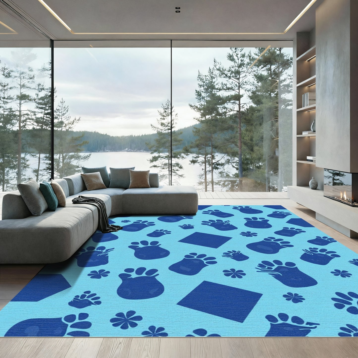 Blue Paw Print Playful Composition Rug