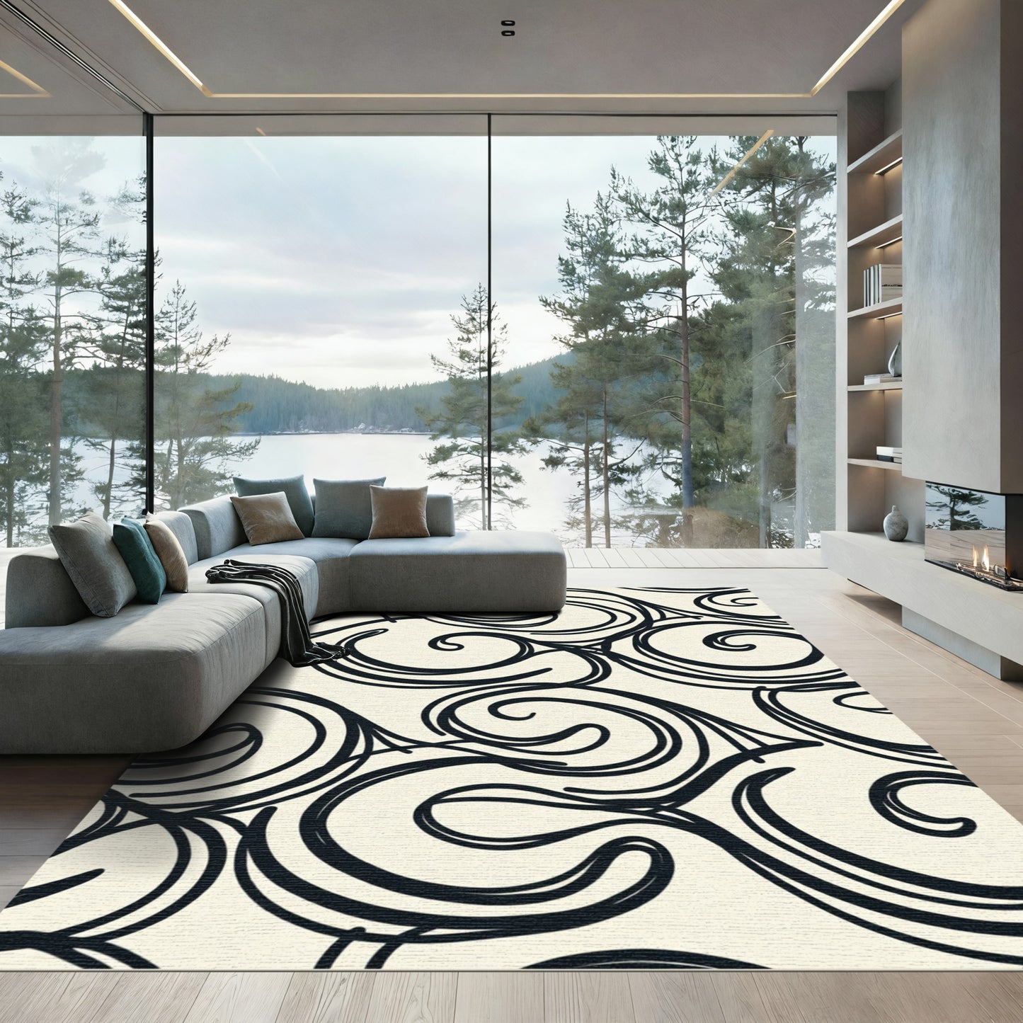 Black Cream Swirl Vine Art Rug