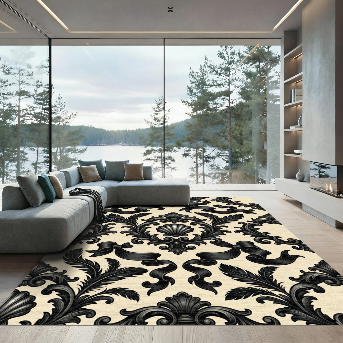 Black Onyx Baroque Floral Ribbon Accent Rug