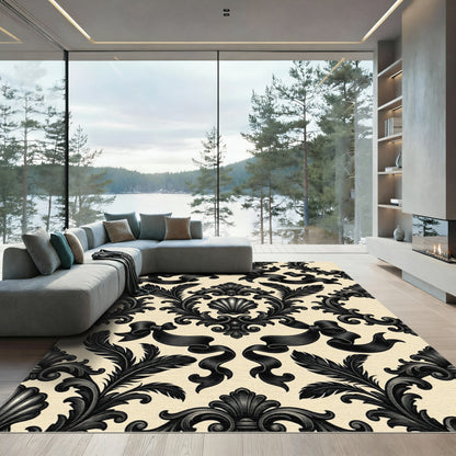 Black Onyx Baroque Floral Ribbon Accent Rug