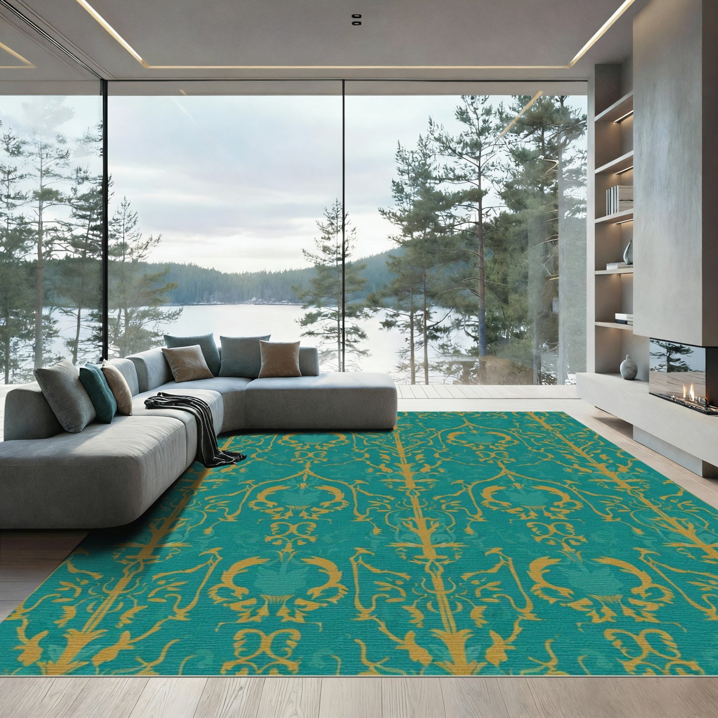 Gold Teal Damask Scrollwork Rug