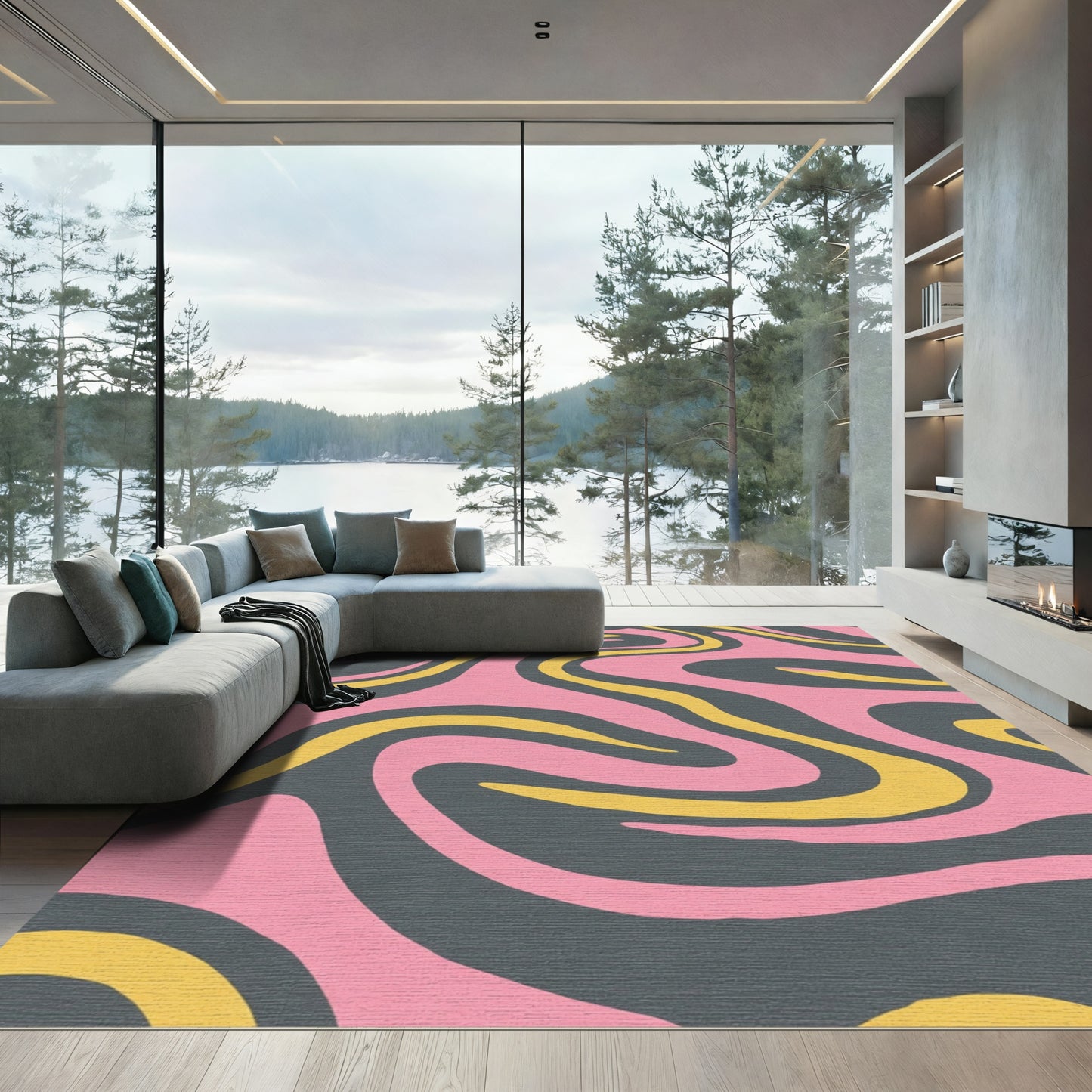 Retro Pink Yellow Swirl Composition Rug