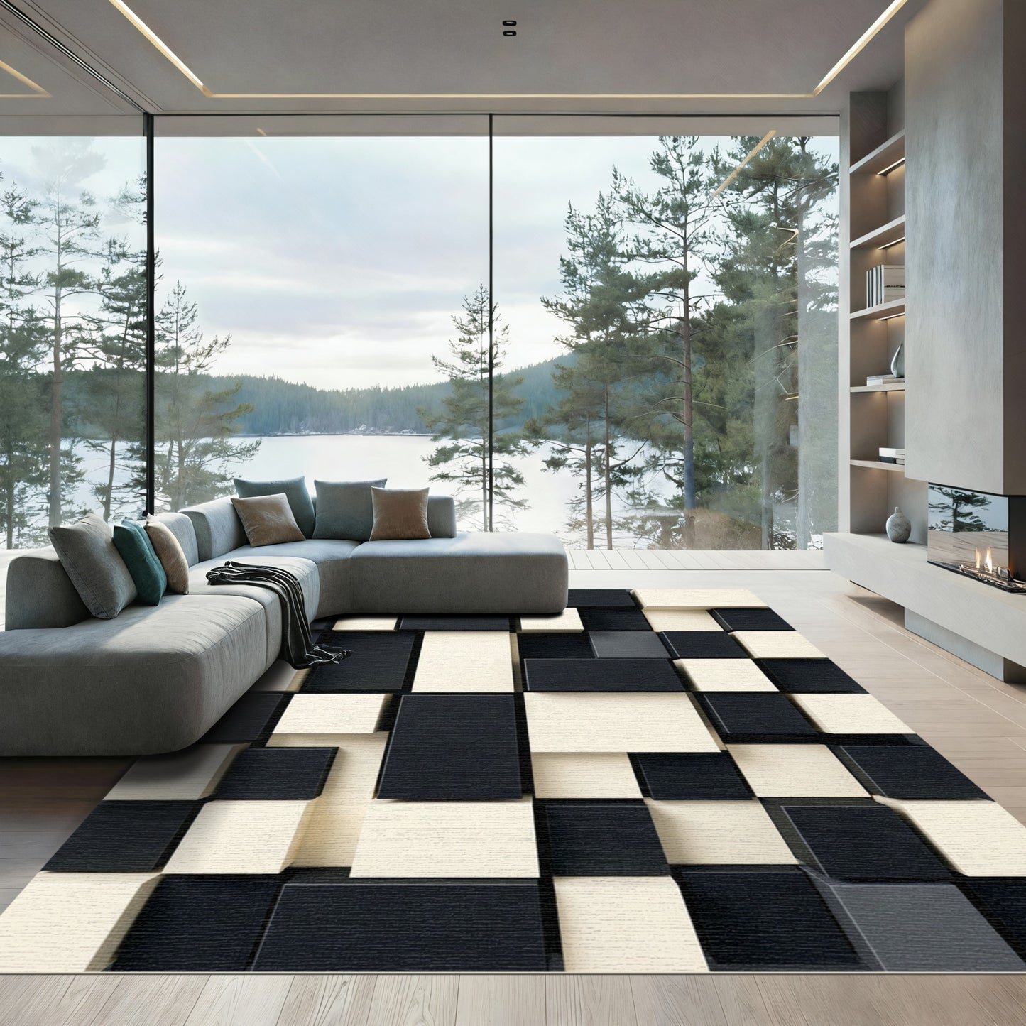 Monochrome Interlocking Cubes Abstract Rug