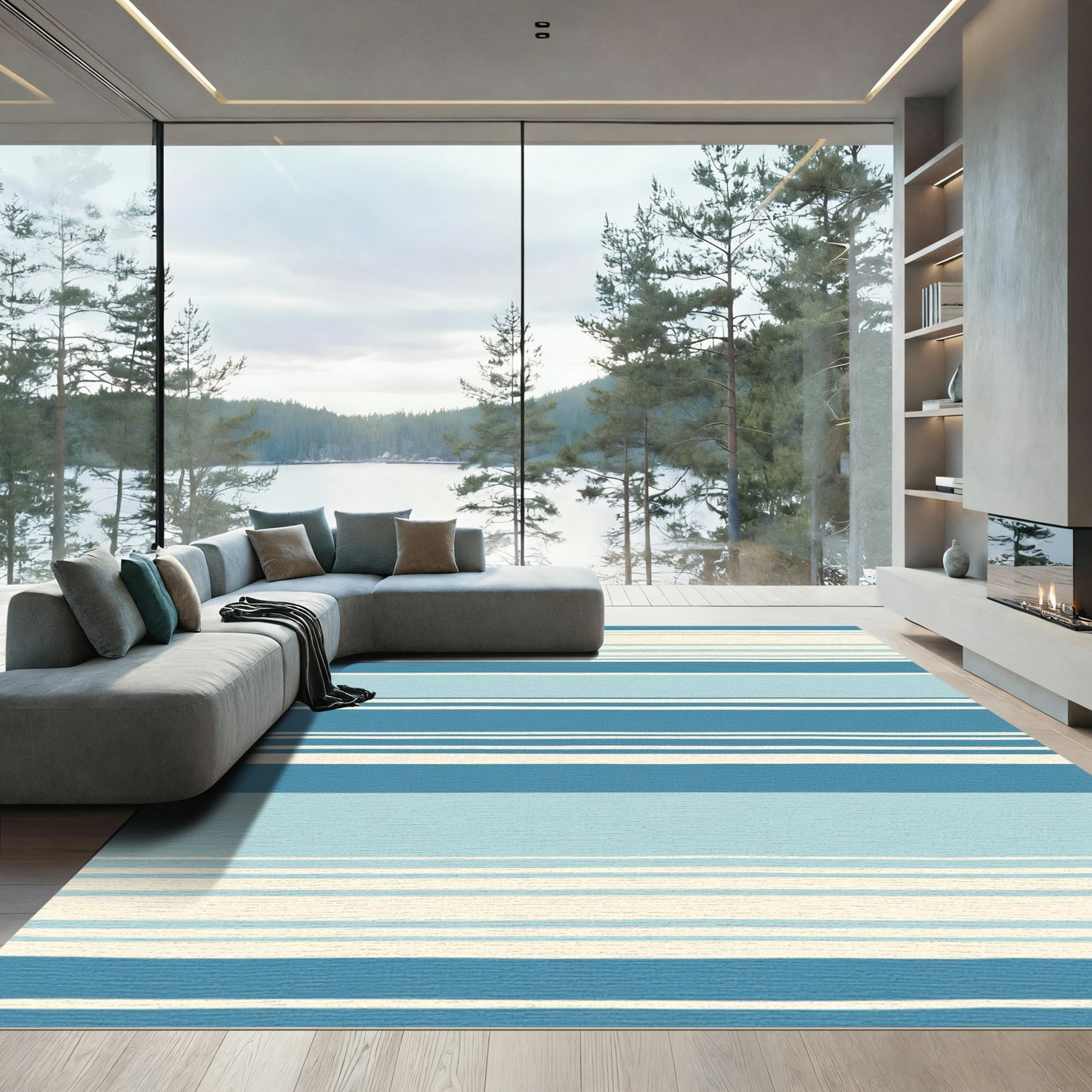 Coastal Blue Cream Striped Horizontal Rug