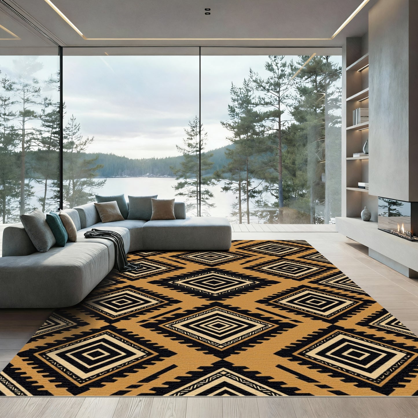 Geometric Ochre Black Tribal Diamond Rug