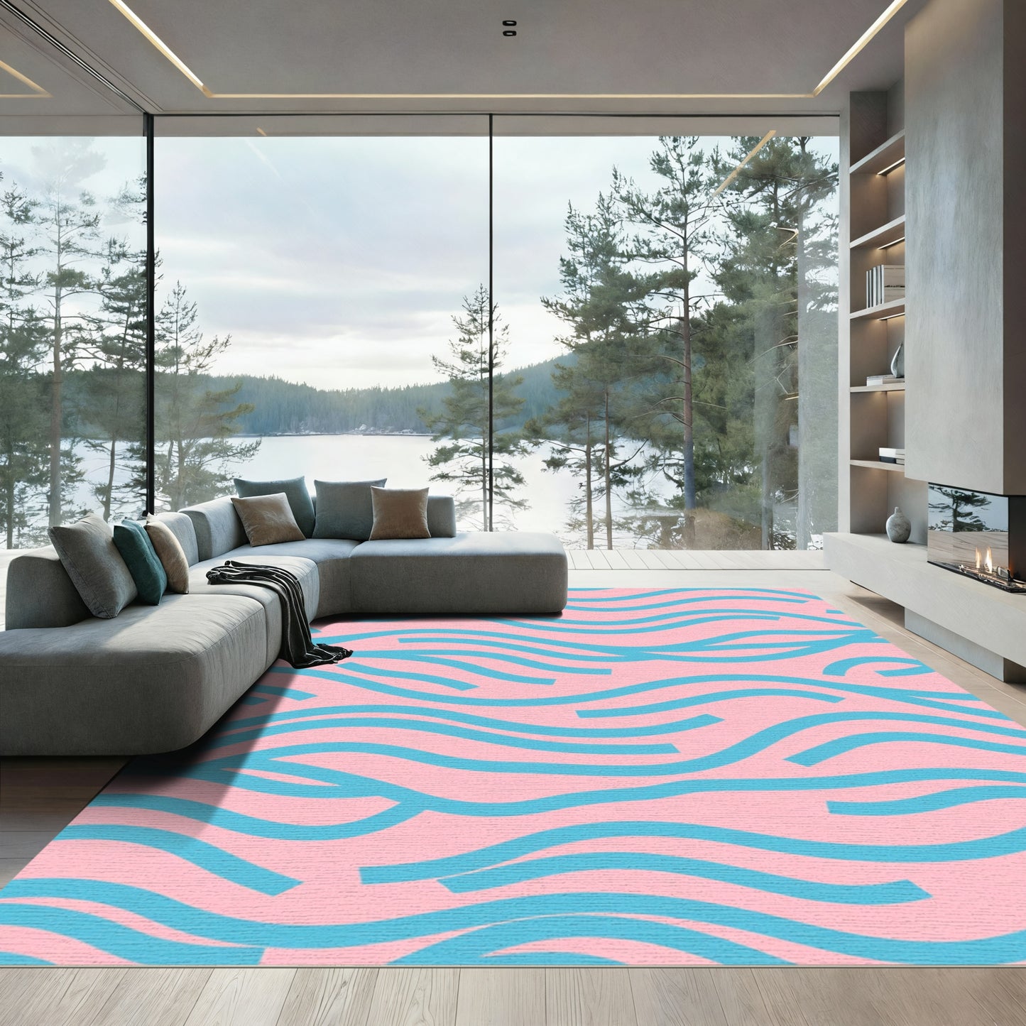 Pink Blue Wavy Lines Rug