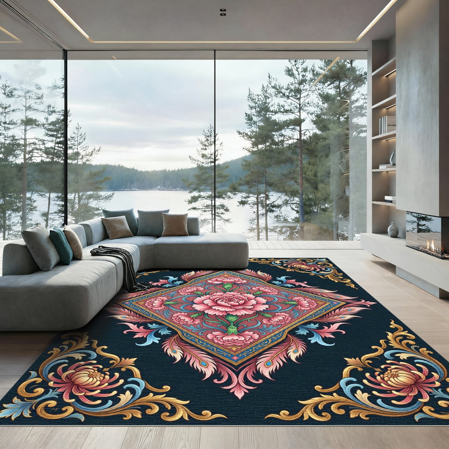 Pink Floral Elaborate Diamond Art Rug
