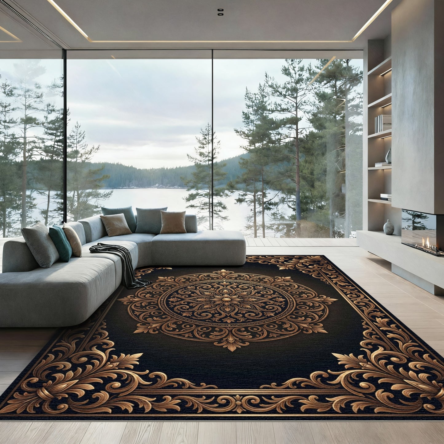 Ornate Golden Floral Medallion Scroll Rug