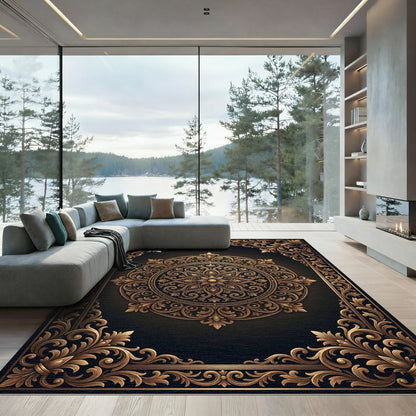 Ornate Golden Floral Medallion Scroll Rug