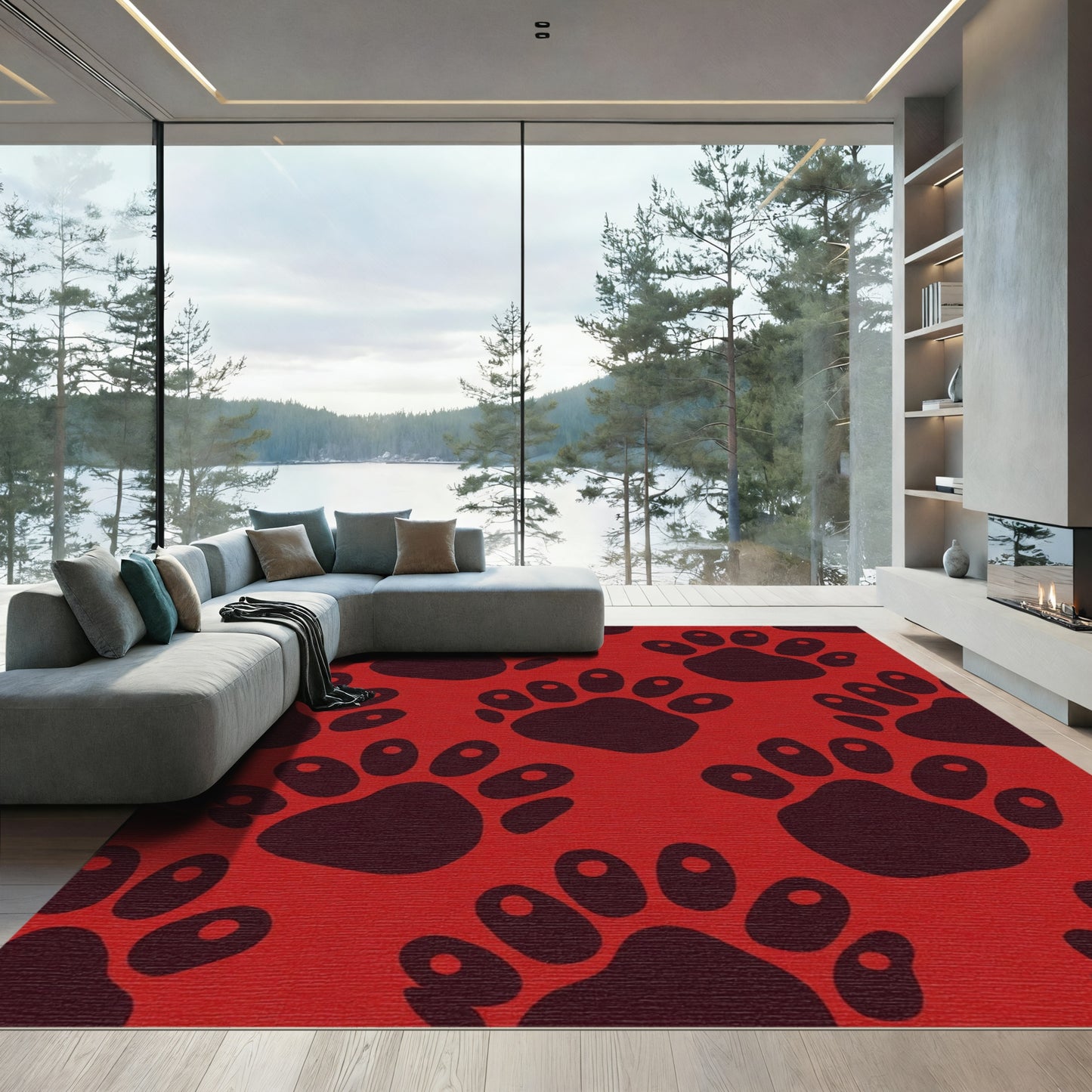 Bold Crimson Paw Prints Repeating Rug