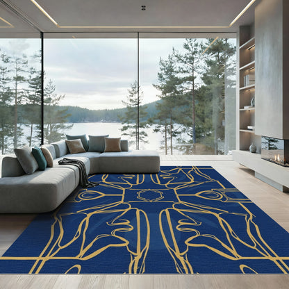 Royal Blue Gold Abstract Face Composition Rug