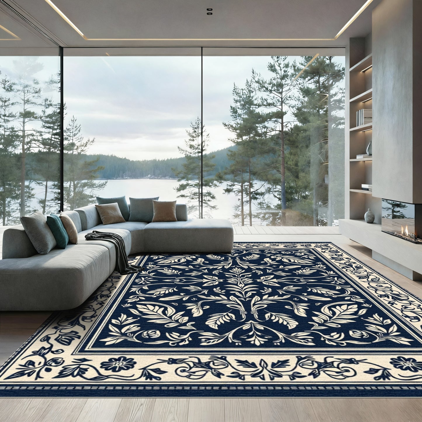 Navy Cream Damask Floral Scroll Rug