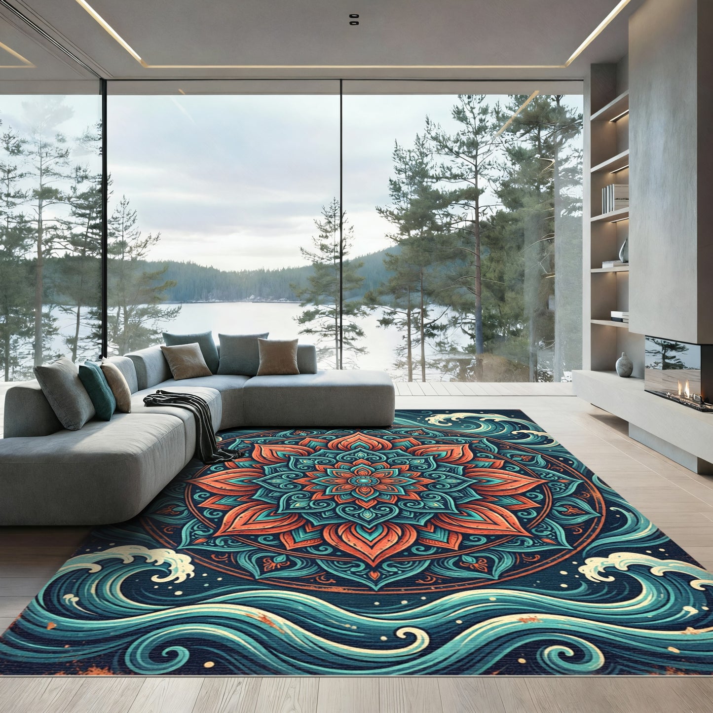 Teal and Coral Oceanic Lotus Mandala Rug