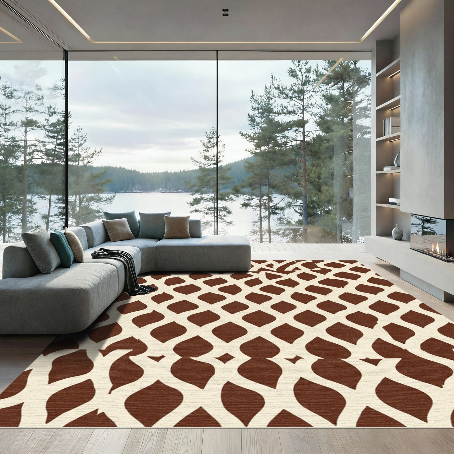 Cream Brown Interlocking Leaf Rug