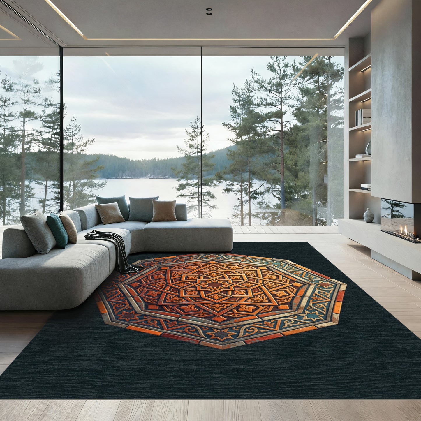 Carved Octagon Orange Blue Intricate Rug