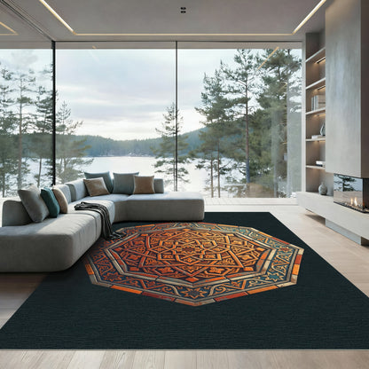 Carved Octagon Orange Blue Intricate Rug