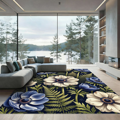Blue and White Anemone Botanical Meadow Rug