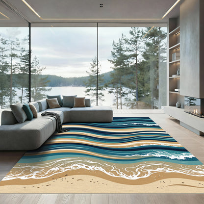 Coastal Waves Deep Blue Sandy Beige Rug