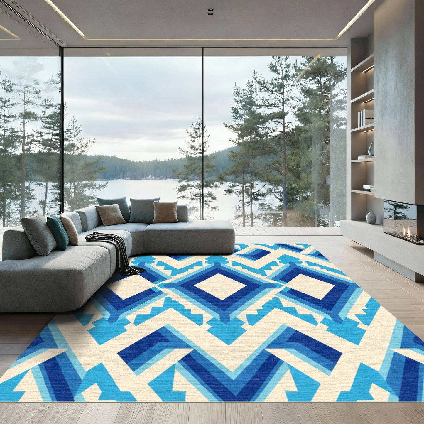 Modern Indigo Geometric Diamond Rug